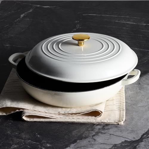 CAROTE 3.4QT Enamel Cast Iron Cookware, Skillet with Lid, White Dutch Oven