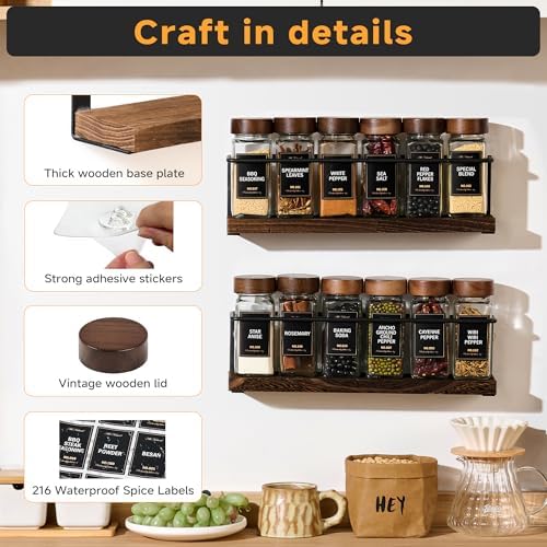 2-Tier Wall Mount Spice Rack Organizer with 12 Glass Jars, 216 Labels & Funnel - Screw/Adhesive Mount, Black Metal & Wood Spice Storage for Kitchen Pantry Cabinet, 11.6”L x 2.4”W x 3.2”H