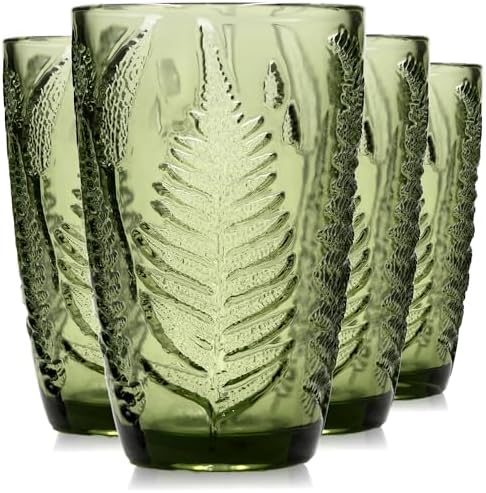 Green Drinking Glasses Set of 4, 12 oz Glass Cups, Vintage Fern Glassware