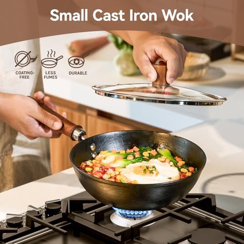 WANGYUANJI 9.5 Inch Small Cast Iron Wok with Lid - Handcrafted Tortoise Shell Texture Uncoated Stir Fry Pan, Flat Bottom Wok for Electric, Induction & Gas Stoves, 2.5 Quart (Requires Seasoning)