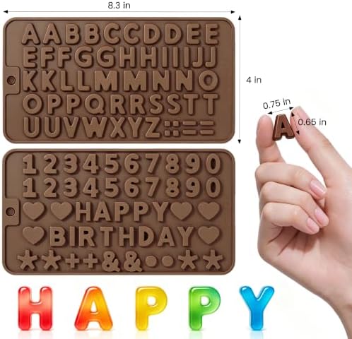2PCS Silicone Molds for Chocolate,Number Letter Molds,Reusable Candy Molds with Happy Birthday Decorating Symbols,Mini Size Alphabet Decorating for Birthday Cake Lollipop Fondant Chocolate