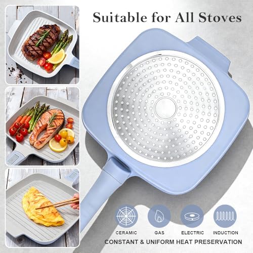 RANX INGST Nonstick Ceramic Griddle Pan with Lid, 10 Inch Steak Pan- Blue