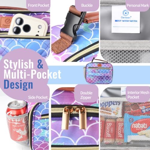 Genteen Lunch Box for Kids, Boys - Insulated Small LunchBox Reusable, Zip Closure & Buckle Handle, Portable Cooler for Work, School, Travel (Mermaid)