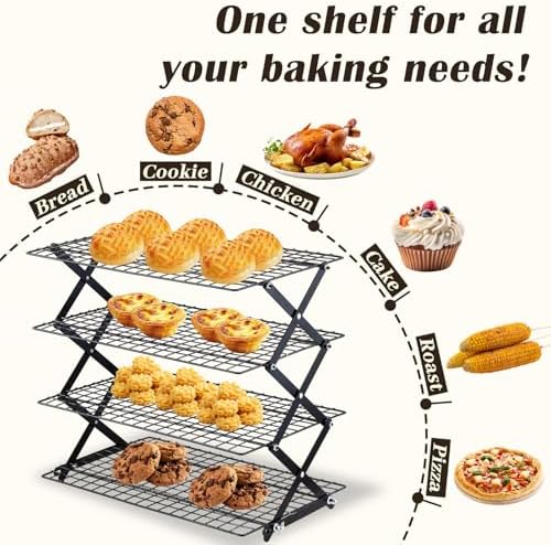 INNOVATIVE LIFE 4-Tier Collapsible Cooling Rack with 3-Setting Adjustable Design, Space Saving Metal Food Display Stand, Stackable Multi-Purpose Roasting Cooling Rack for Baking Cooking Cookies Picnic