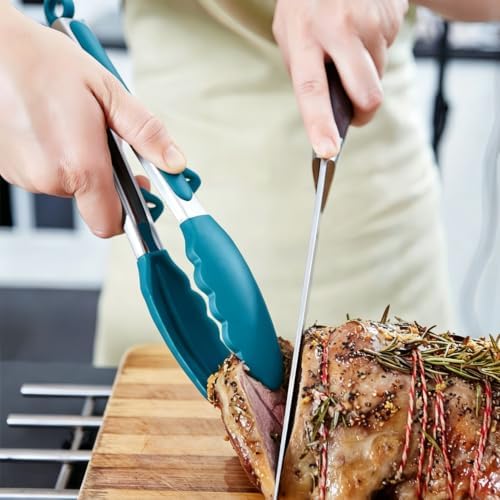 Kitchen Tongs for Cooking with Silicone Tips, 3 Size Mini Tong Peacock Blue