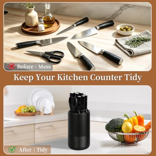 Universal Knife Block Without Knives,Sandstone Look,Round Knife Holder with Slots for Scissors & Sharpening Rod,Safe Space Saver Knife Storage Stand,Detachable Knife Organizer- Matte Balck