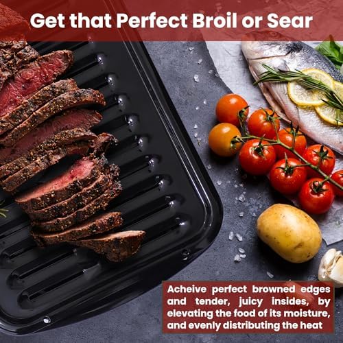 Broiler Pan for Oven Nonstick 16.75” x 13” Porcelain Nonstick Coated - Broiling Pan for Oven Withstands Heat up to 550° F - Heavy Duty Broil Pans and Rack Circulates Heat and Drains Fat (Black)