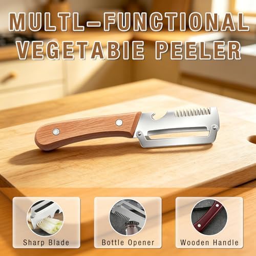 2Pcs Multifunctional Vegetable Peeler,Zero Snag Wooden Peeler,Zero Snag Wooden Kitchen Tool with Grater Bottle Opener,3 in 1 Kitchen Gadgets Stainless Steel Peelers for Pumpkin Potato Carrot Apple