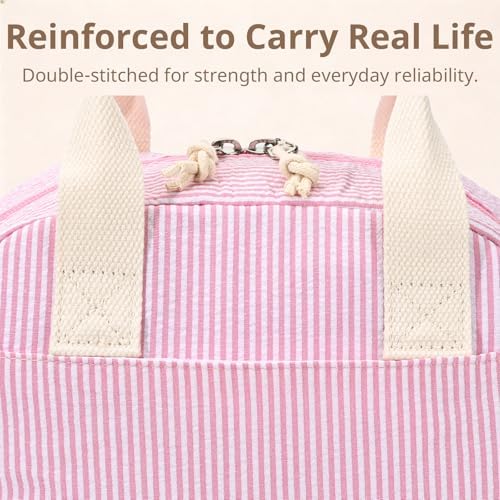 LOVELYWIND Lunch Box for Women, Insulated Lunch Bag, Pink Stripe Tote