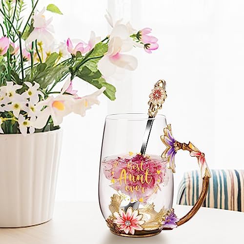 OEAGO Gifts for Aunt from Niece Nephew Tea Cup Cool Birthday Gift Enamel Flower Glass Mugs Christmas Mothers Day New Aunt Announcement Promoted