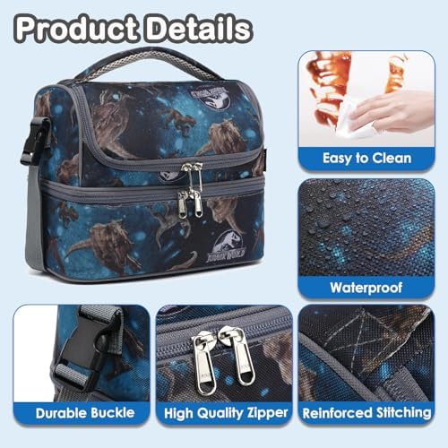 FlowFly Double Decker Cooler Insulated Lunch Bag Large Tote for Boys, Girls, Men, Women, With Adjustable Strap, MyDinosaur