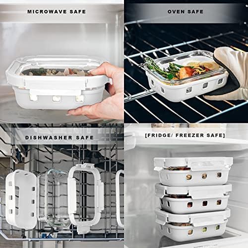 GENICOOK Glass Food Storage Meal Prep Containers - Food Grade Silicone Wrap & Air Release Vent, Rectangular shape - 8 Pc Set (4 Containers - 4 Matching Lids)