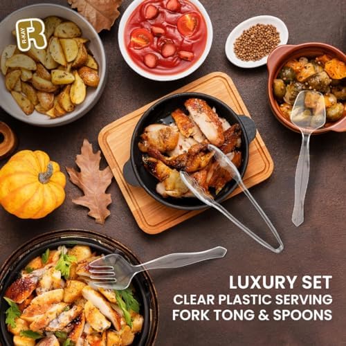 18 Pcs Clear Plastic Serving Utensils Set - 6 Clear Plastic Serving Spoons, 6 Tongs And 6 Forks - Heavy Duty Disposable Serving Utensils Set For Parties