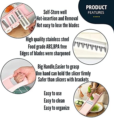 NACOLUS Mandoline Slicer for Kitchen Slicer Vegetable Cutter 5 In 1 Veggie Slicer Potato Slicer waffle fry cutter Hot Swap Mandolin with Peeler for Vegetables Carrot Shredder Cucumber Slicer - Pink