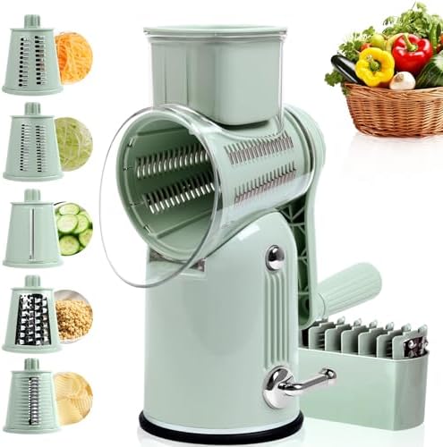 Rotary Cheese Grater with Handle, 5 Replaceable Blades(Green)