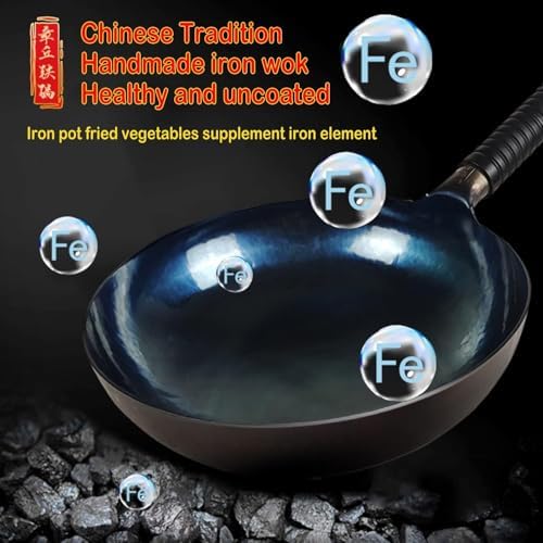 13-Inch Carbon Steel Wok, Round Bottom Traditional Chinese Wok with Rubber Handle and Wooden Lid, Uncoated Non-Stick Wok for Gas Stoves, Home Cooking, Camping, and as a Gift