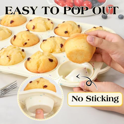 CAKETIME Silicone Muffin Pans for Baking, Metal Reinforced Frame Regular 12 Cups & Mini 24 Cups Cupcake Pan Set Nonstick Muffin Pan for Homemade Baking Easy to Handle