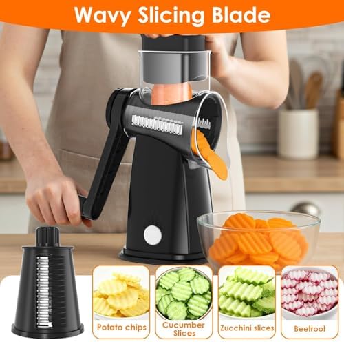 MealHelper 5 Blade Rotary Cheese Grater and Vegetable Chopper with Storage Box and Hand Crank, Compact Shredder for Cheeses, Veggies, Nuts - Easy to Use, Non-slip Suction Base,Black