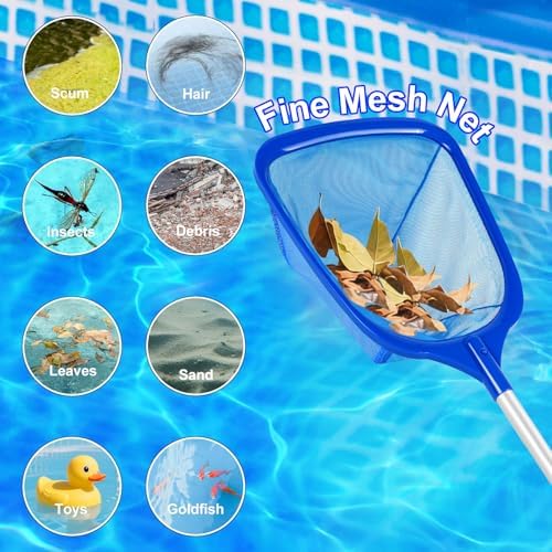 Pool Skimmer Net with Telescopic Pole – Fine Mesh for Leaves, Dust, Debris – Lightweight Safe-Edge Extendable 2.6–5.7 ft Aluminum Handle for Pools, Spas, Hot Tubs, Ponds & Garden Water