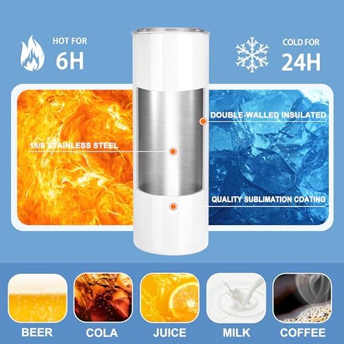 Joyclub Sublimation Tumblers 20 oz 10 Pack Skinny Cups with Colored Lids
