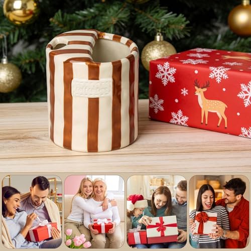 10oz Ceramic Coffee Mug with Sip Hole, Striped Espresso Cups for Hot & Cold Drinks and Microwave & Dishwasher & Freezer Safe, Ideal for Home Desk Kitchen Office Dorm Cafe Travel Daily - Brown