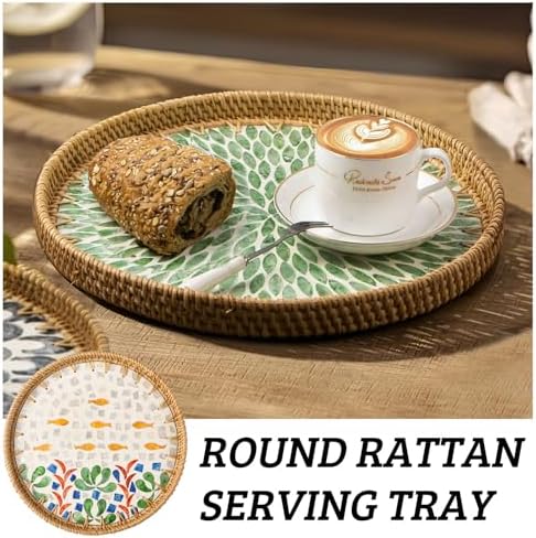 Round Rattan Tray with Mother of Pearl Inlay, Decorative Wicker Serving Tray with Wooden Base, Woven Basket Trays for Bread Fruits Coffee