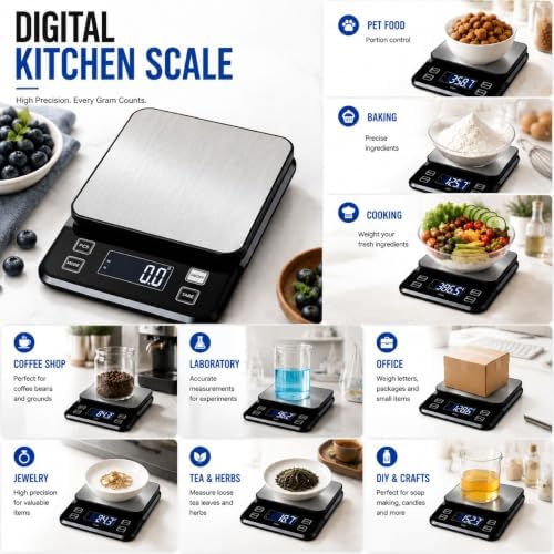 Waterproof Digital Kitchen Scale 0.001oz/0.1g Precision, Stainless Steel Electronic Scale with 3 Power Options (Rechargeable/AAA/Built-in), 10 Units Conversion, Smart Standby, 22lb/10kg Capacity