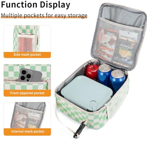 Lunch Box for Women Men Adult Insulated Lunch Bag Women Men Small Reusable Lunchbox for Work Picnic Travel (Beige-Light Green Plaid)