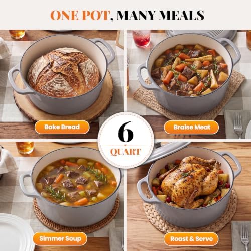 Sweetcrispy 6 Qt Enameled Cast Iron Dutch Oven Pot with Lid, Grey
