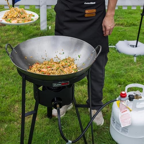 Outdoor Cooker with Iron Wok and Propane Burner, 54,000 BTU High-Pressure Gas Stove for Backyard BBQ, Tailgating & Outdoor Cooking