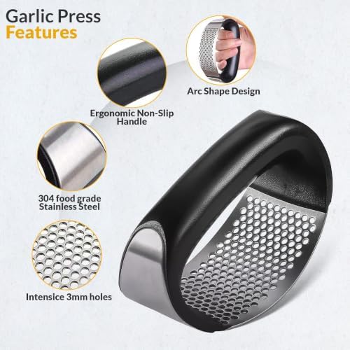 Garlic Press - Stainless Steel Rust Proof & Dishwasher Safe Garlic Twister Mincer, Durable Garlic Crusher Chopper with Peeler, Brush, Easy to Clean, Kitchen Gadgets Tool for Garlic, Ginger, Spices