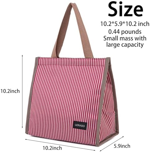 Insulated Lunch Bag for Work, 10.2"x5.9"x10.2" Oxford Waterproof Lunch Tote, Thermal Lunch Box for Office, Picnic & Outdoor, Red and White Striped Canvas Tote Bag