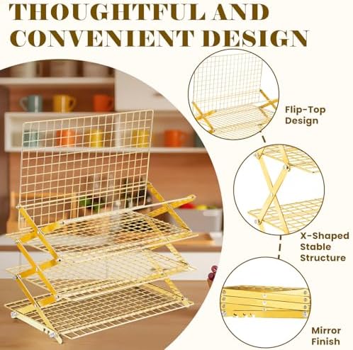 BEWOS 4 Tier Collapsible Cooling Rack - Adjustable Stainless Steel Baking Rack with Mesh Leak Proof，Foldable X-Shaped Structure Cooling Racks for Cooking and Baking, Dishwasher Safe（Gold）