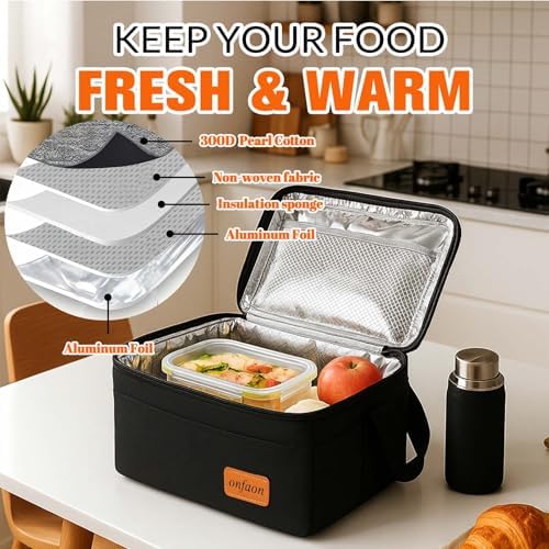ONFAON Lunch Bag for Men/Women, Insulated Reusable Lunch Box Leakproof Cooler Tote Bag Freezable with Adjustable Shoulder Strap for Office Work Picnic Beach(Black)