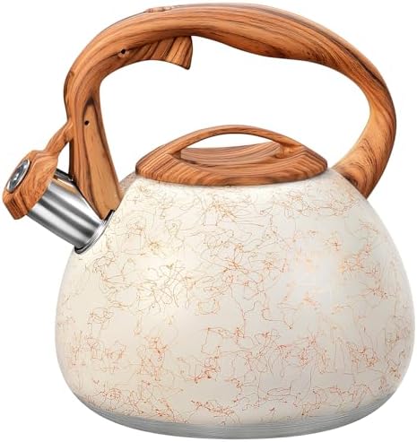 GGC Tea Kettle for Stove Top, Loud Whistling Kettle for Boiling Water Coffee or Milk, 3.1 Quart Stainless Steel Art Line White Pot with Wood Pattern Handle, Unique Button Control Outlet