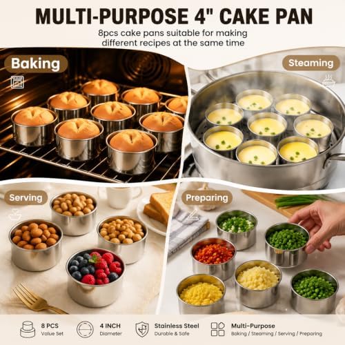 TeamFar 4 Inch Cake Pan, 8 Pcs Stainless Steel Round Baking Cake Pans Set