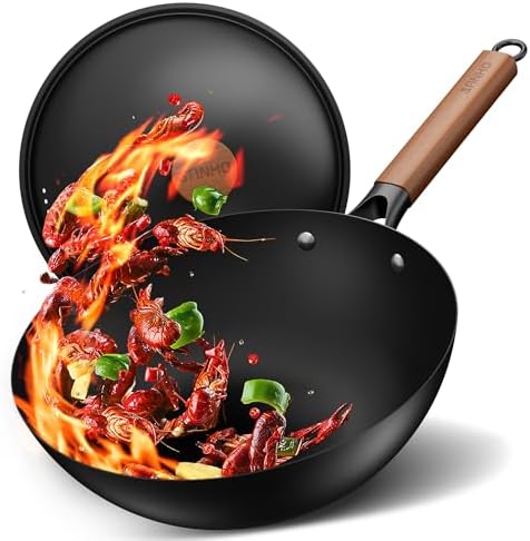 Sanho 12 Inch Carbon Steel Wok Pan, 4QT Woks & Stir-Fry Pans Nonstick with Lid, No Seasoning Required & 0 Coating, Compatible with All Cooktops & Utensils for Stir Fry, Pan-Fry, Steam, Camping