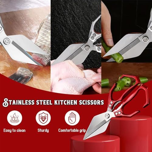 Stainless Steel Bone-Cut Kitchen Scissors, Poultry Shears - Heavy Duty Kitchen Scissors for Food with Ergonomic Handle, Ultra Sharp for Chicken, Meat, Seafood, Bone Cutting (Red)