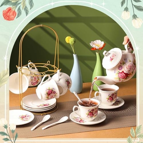 Zhehao 20 Pcs Porcelain Tea Set for Adult, with Metal Holder, Modern