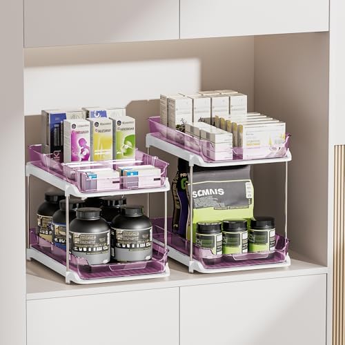 Delamu 2-Tier Multi-Purpose Bathroom Under Sink Organizers and Storage, Stackable Kitchen Pantry Organization, Pull Out Medicine Cabinet Organizer with Movable Dividers, Purple, 2 Pack
