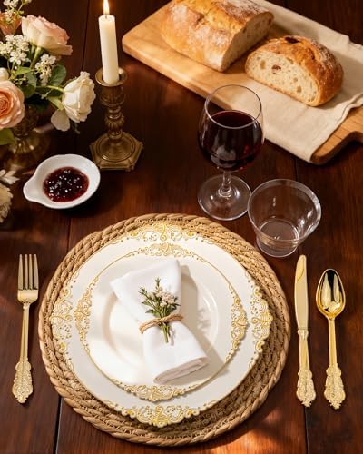 Nervure 350Pcs Ivory Plastic Plates, Plastic Dinnerware Set for 50 Guests