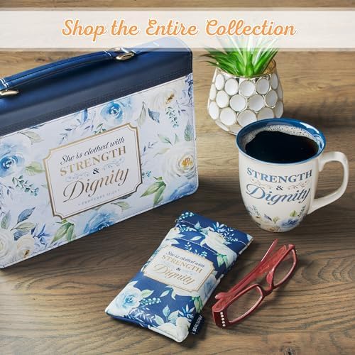 Christian Art Gifts Large Ceramic Inspirational Scripture Coffee & Tea Mug for Women: Strength & Dignity Encouraging Golden Bible Verse, Non-toxic Lead/Cadmium-free Cup, White & Blue Floral, 14 oz.