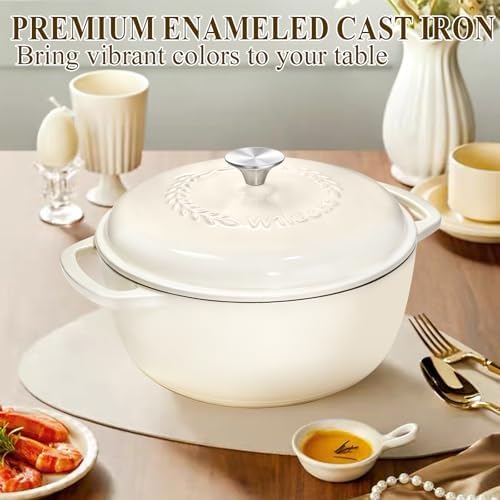 Enameled Cast Iron Dutch Oven Pot with Lid - Wildone 6QT Dutch Oven for Bread Baking, Braising, Stews, Roasting, Across All Cooktops, Oven Safe up to 500° F, Cream White
