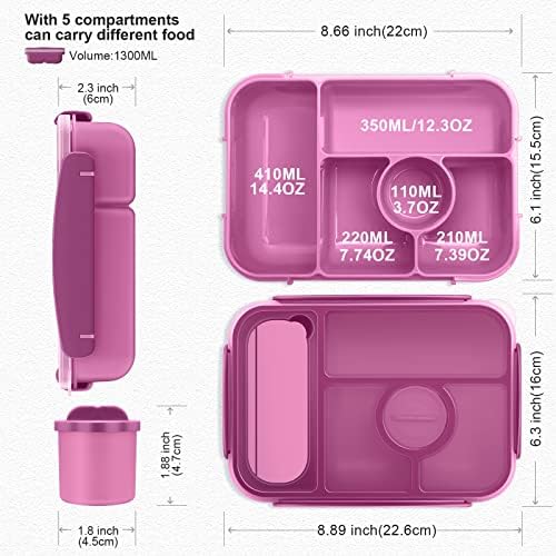 Amathley Bento Box Adult Lunch Box Kids,Lunch Containers for Adults/Kids/Toddler,5 Compartments Bento Lunch Box with Sauce Vontainers,Microwave & Dishwasher & Freezer Safe,BPA-Free (Purple)