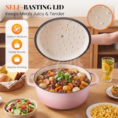 Sweetcrispy 6 Qt Enameled Cast Iron Dutch Oven Pot with Lid, Pink