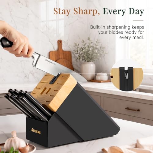 Astercook Kitchen Knife Set Full Tang with Block and Sharpener Elegant