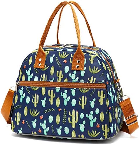 FlowFly Insulated Lunch Bag With Shoulder Strap for Women, Men, and Kids, Large and Reusable, Handle, Freezable Work and School Travel Tote and Meal Prep Organizer,Cactus