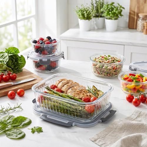 Glass Food Storage Containers with Lids, 12 Piece Glass Meal Prep Containers Set, Airtight Leakproof Snap Lock Lids, BPA-Free, Freezer Microwave Oven Dishwasher Safe, Ribbed Glass Containers