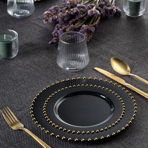 PLASTICPRO 128 Piece Combo Plastic Dinner Plates Disposable Plastic Fancy Heavy Duty Party Dishes 7 inch and 10 inch, Black and Gold Beaded