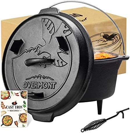 Overmont 6QT Cast Iron Dutch Oven - Pre-Seasoned Pot with Lid Lifter & Legs